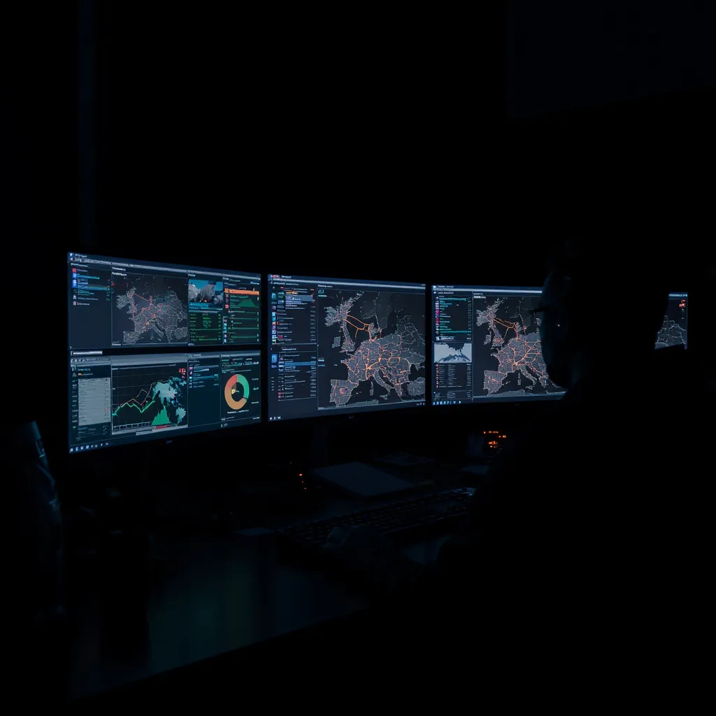 Freight dispatch room with logistics data on multiple monitors