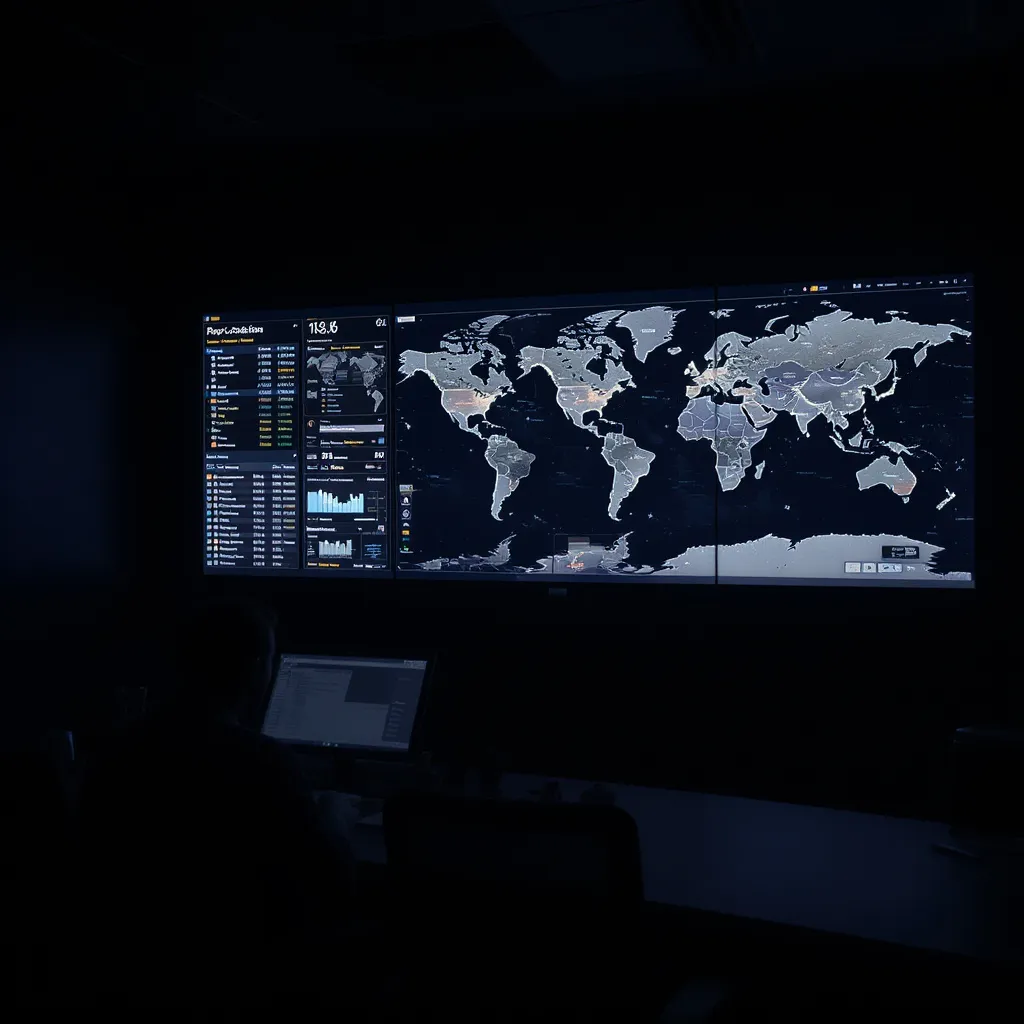 Freight operations control room with a world logistics map on a wall screen