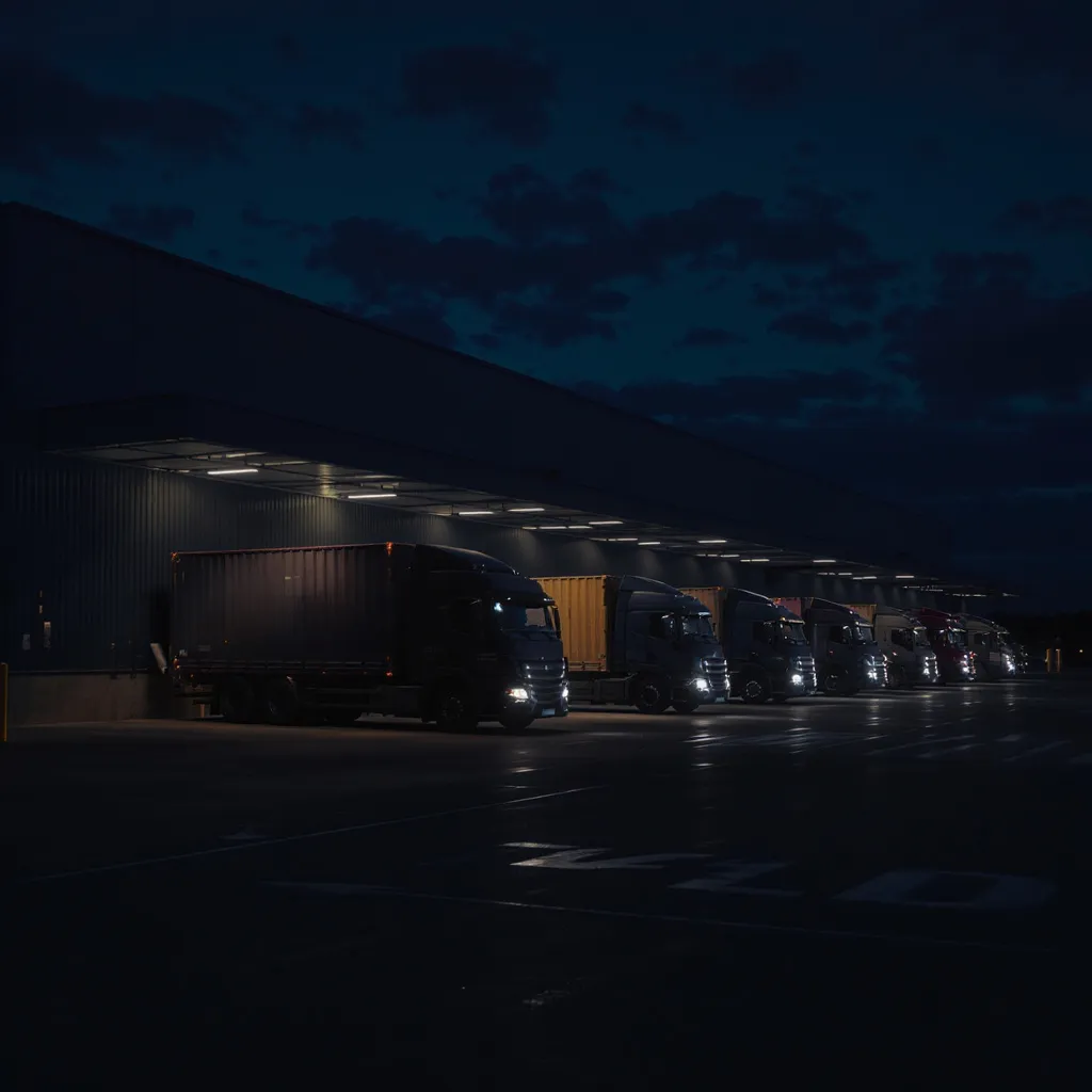 Freight trucks waiting at a loading dock at dusk