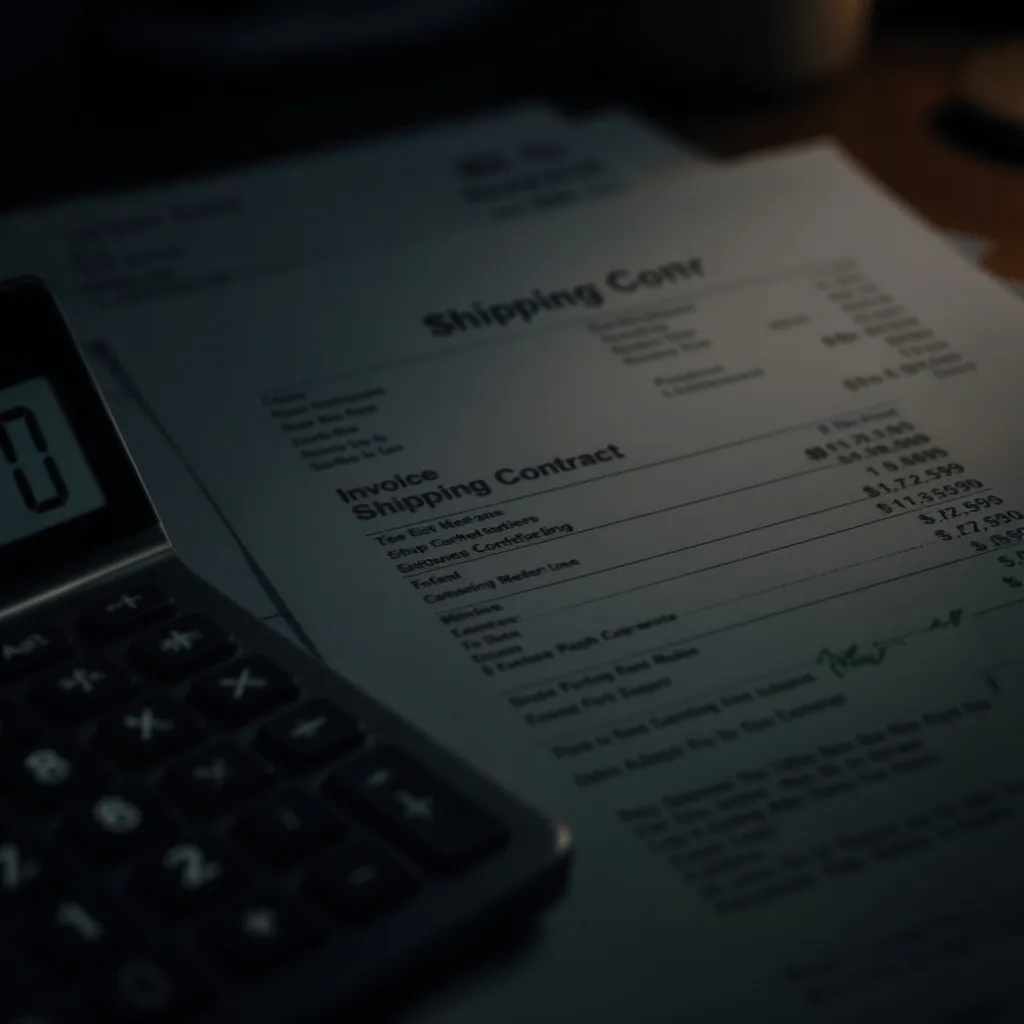 Freight rate invoice and shipping contract beside a calculator